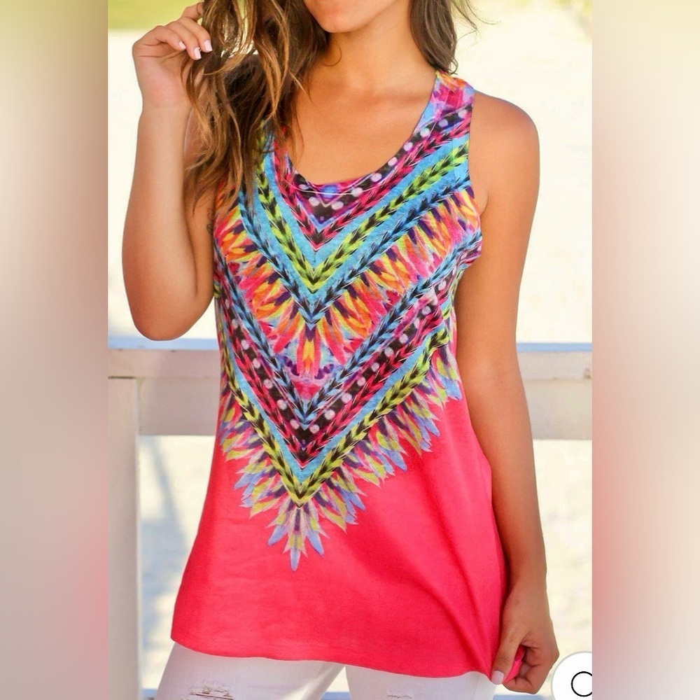 XNYC Womens Knit Tank Top Size S Pink Blue Feather Native Print Pullover boho